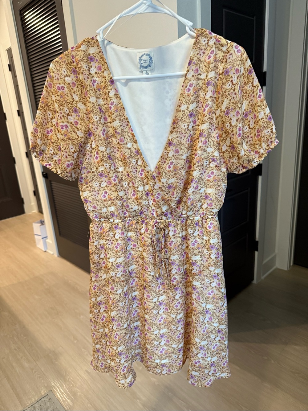 Francesca's Collections Mustard Floral V-Neck Midi Dress with Pink Accents